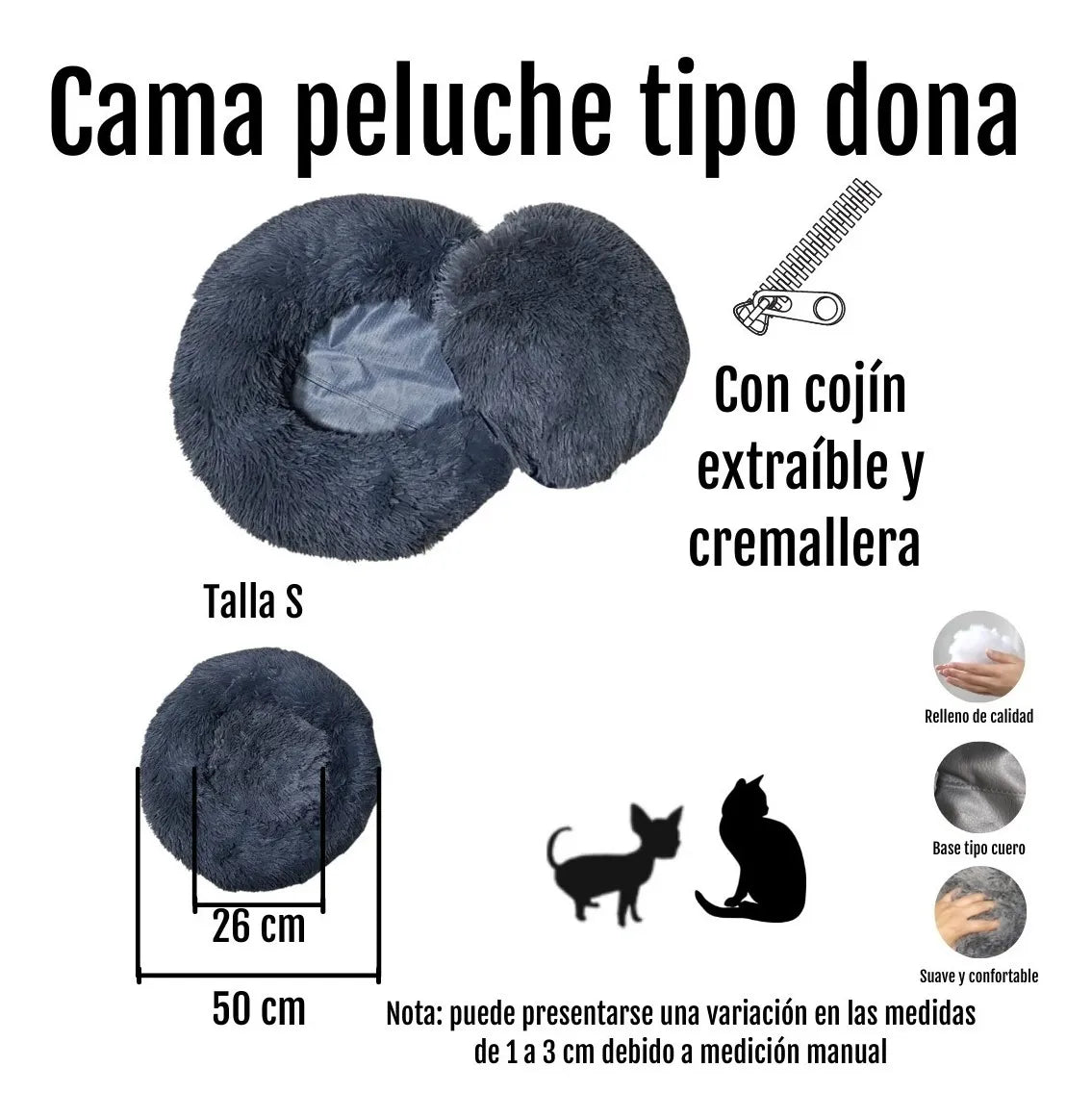 Cama Peluche Tipo Dona Anti Estrés Negra Talla S