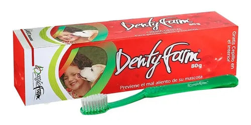 DENTYFARM es una crema dental especialmente desarrollada para caninos y felinos, a base de clorhexidina digluconato y Aloe Vera, posee un efecto antiséptico sobre las encías y dientes, su fórmula permite que el animal la pueda ingerir sin correr riesgos de irritación o malestar gástrico.  Dentyfarm tiene un agradable sabor que facilita la aceptación por parte de la mascota. Aroma agradable y prolongado. Seguro para la mucosa gástrica, Previene el mal aliento y ayuda al mantenimiento de la higiene bucal.